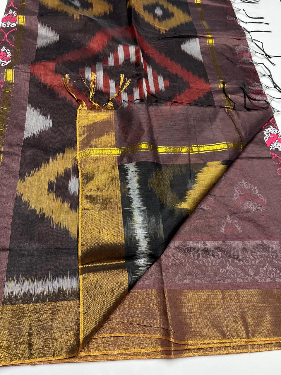 Brown & Black - Ikkat Kotta Cotton Saree