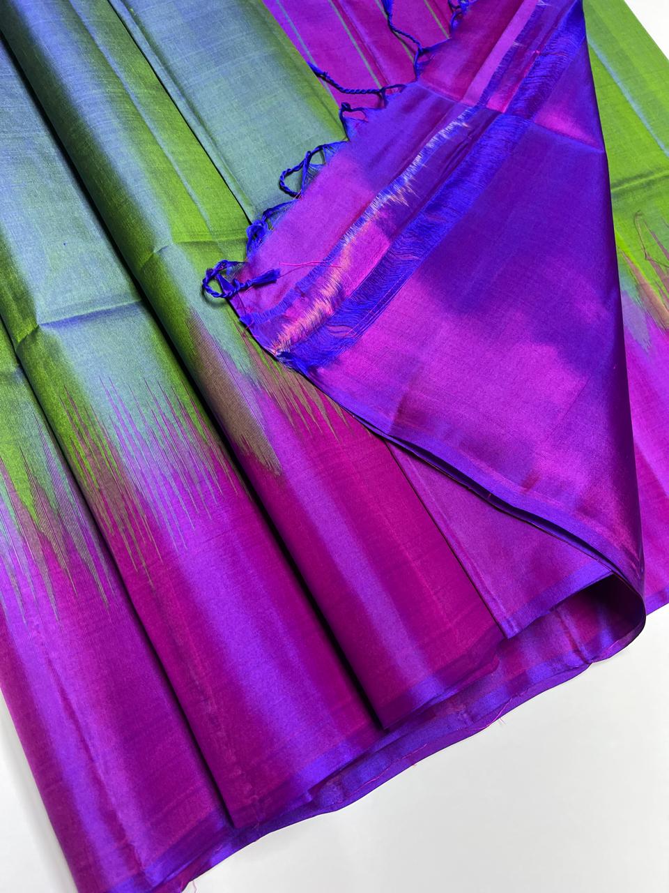 Sea Green & Purple - Plain Contrast Soft Silk Saree