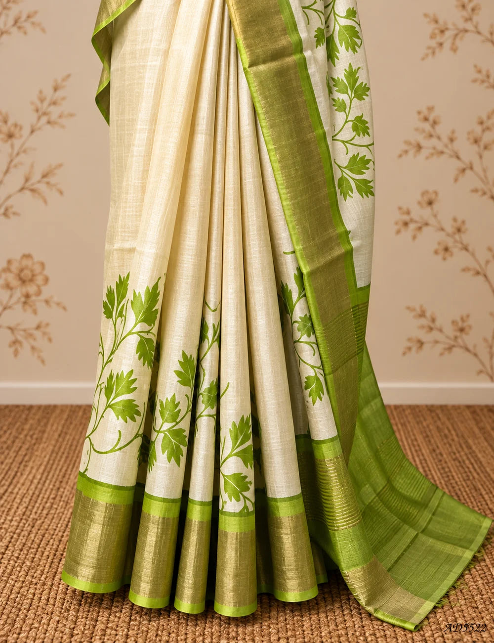 Beige & Green - Pure Desi Tussar Saree -