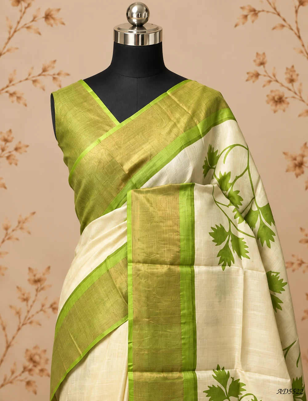 Beige & Green - Pure Desi Tussar Saree Pallu View