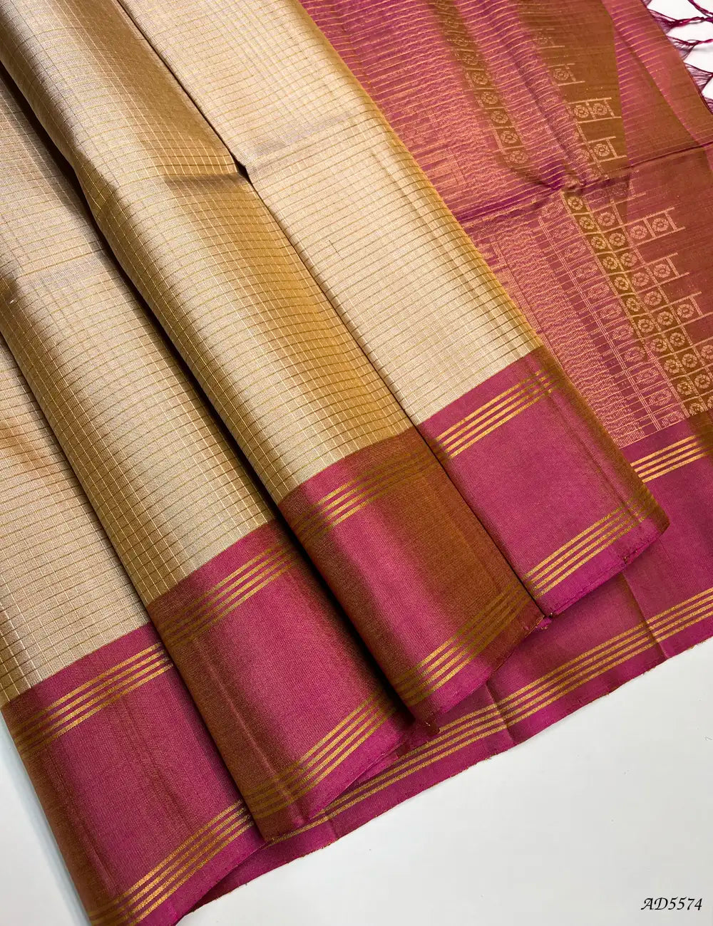 Beige & Pink - Checkerd Soft Silk Saree Front View