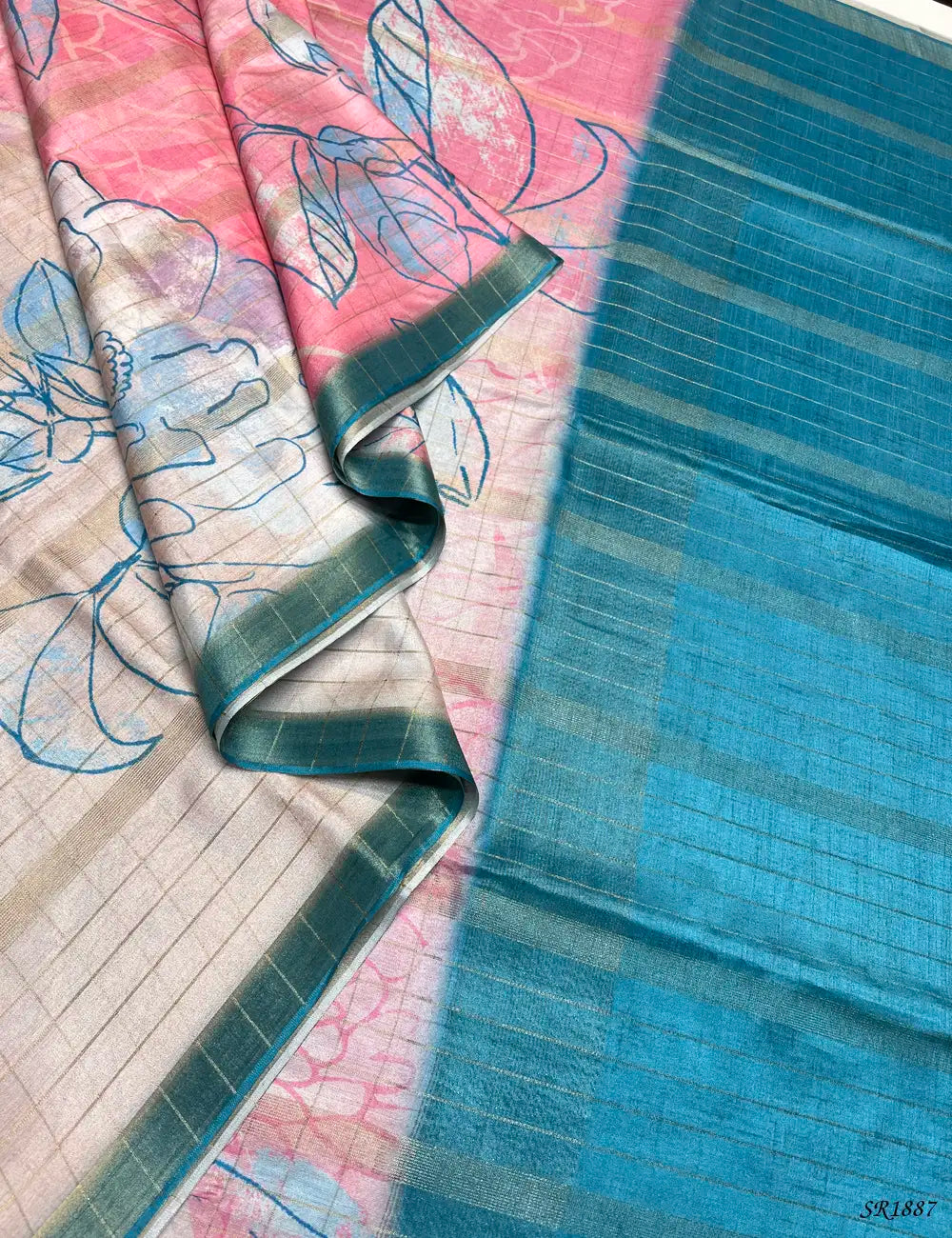 Beige & Sky Blue - Kadhi Georgette Saree Pallu View