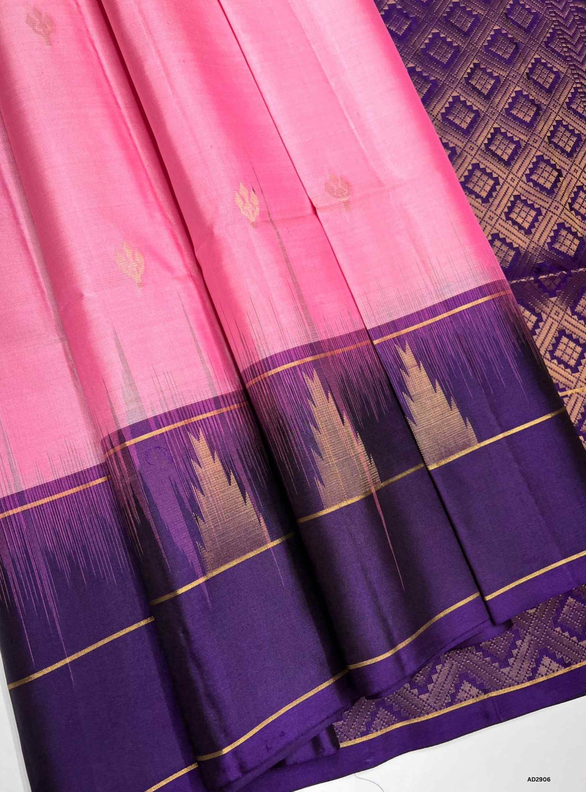 Bhutta Soft Silk Saree in Baby Pink body with Violet pallu, Temple Bhutta border design, Ikat handwoven motifs, Half Fine Gold Zari, 6.25m length including blouse.