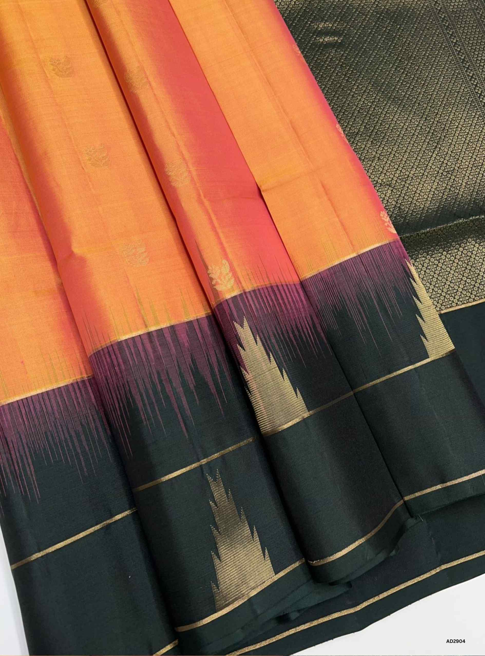 Bhutta Soft Silk Saree in Mango Yellow body with Dark Green pallu, Temple Bhutta border design, Ikat handwoven motifs, Half Fine Gold Zari, 6.25m length including blouse.