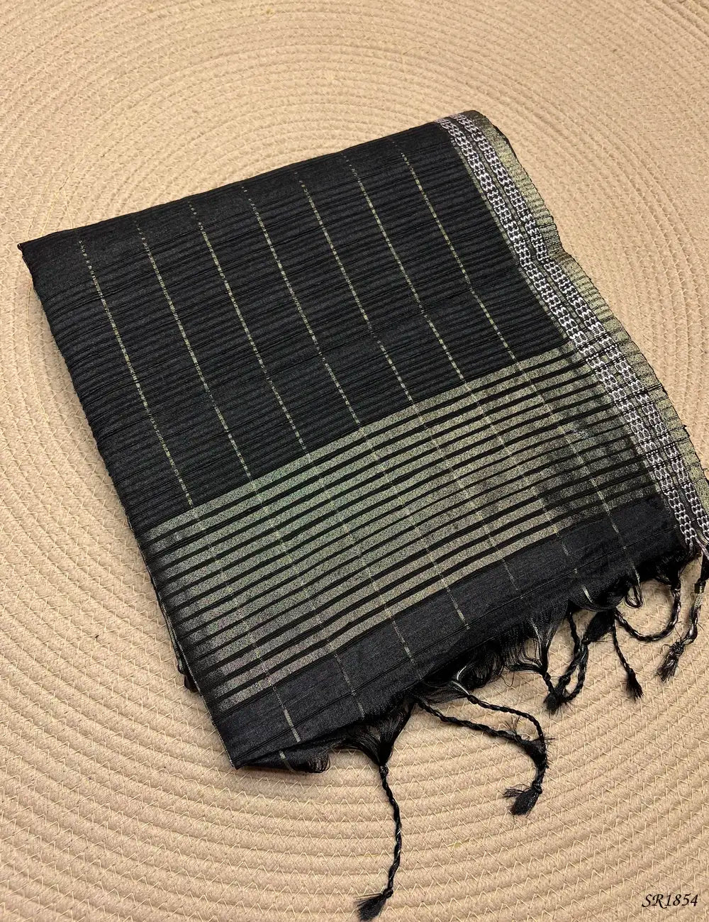 Black - Checks Tussar Silk Saree Front View