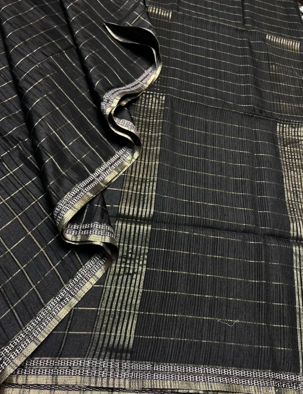 Black - Checks Tussar Silk Saree Pallu View