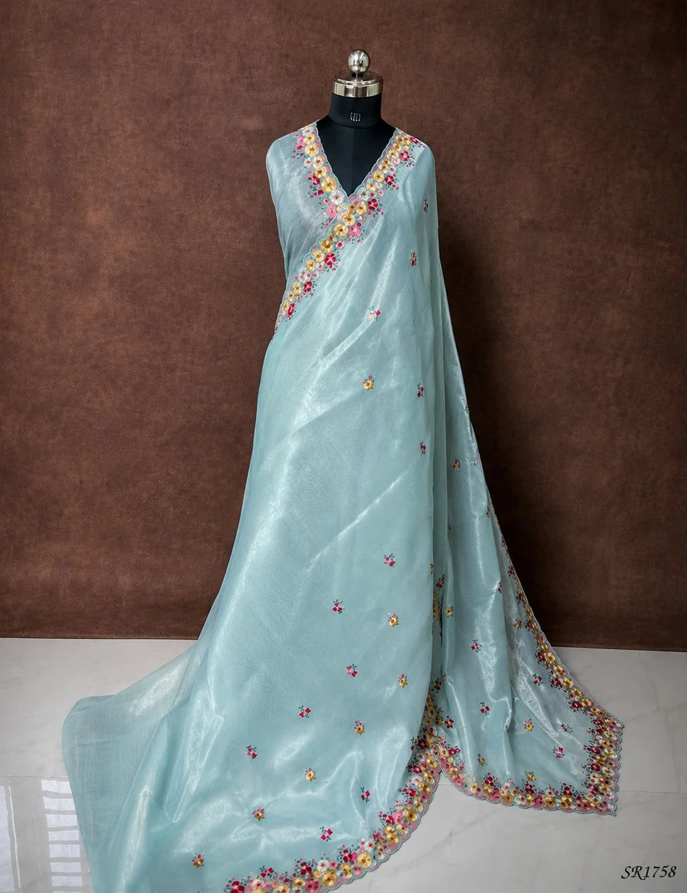 Blue - Embroidered Semi Tussar Saree Front View