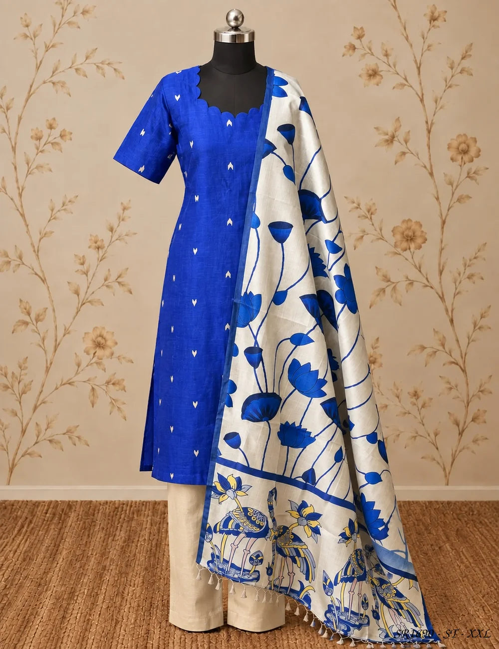 Blue -Raw Silk Stiched Suit 3 Pc Set Pallu View