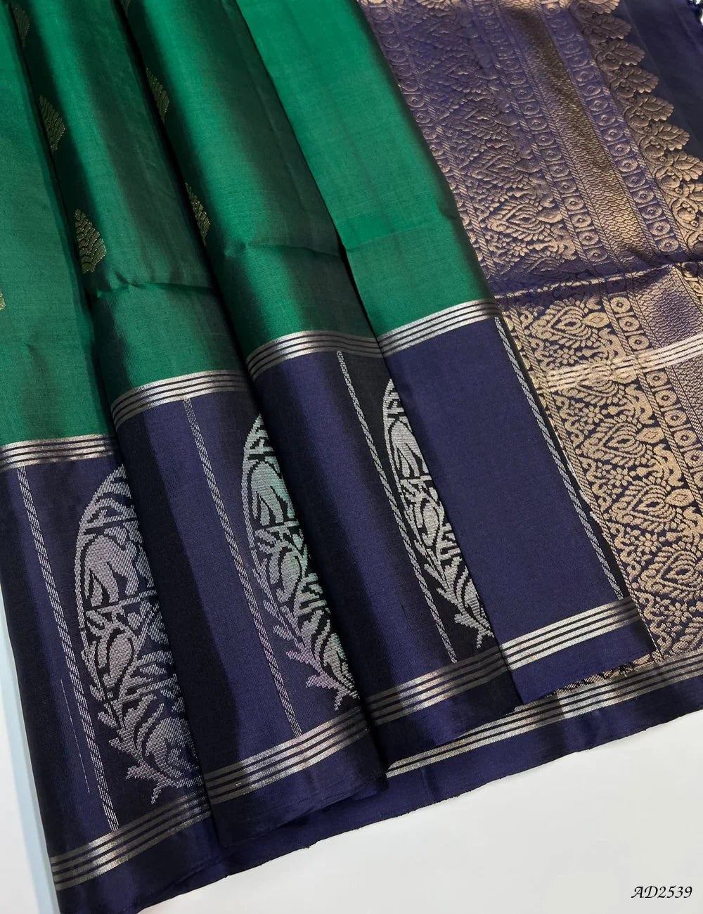 Bottle Green & Navy - Soft Silk Saree Front View
