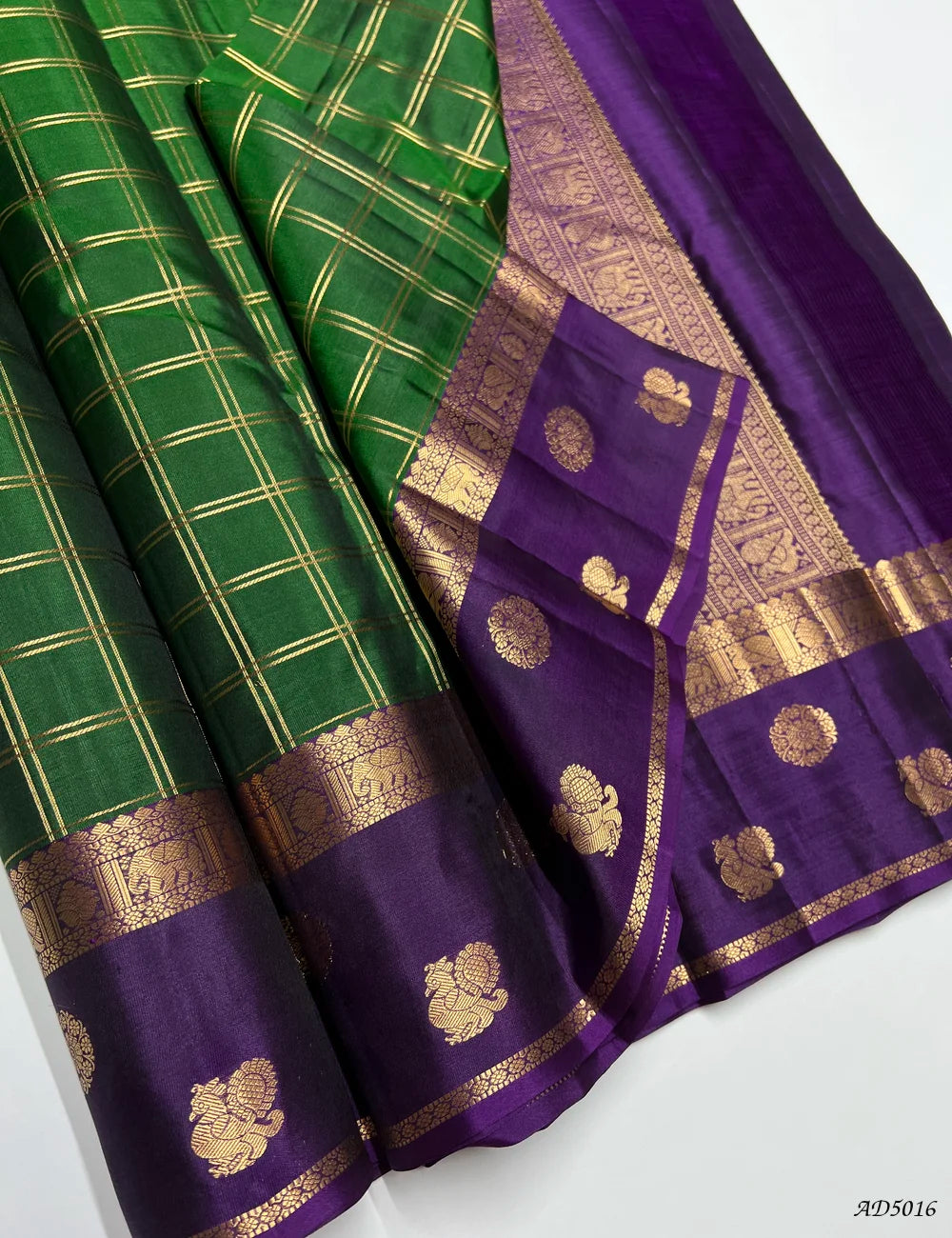 Bottle Green & Purple - Checkerd Kanchi Border Soft Silk Saree Front View