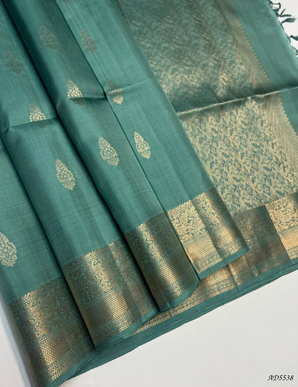 Bright Blue Mint - Kanchi Border Soft Silk Saree Front View