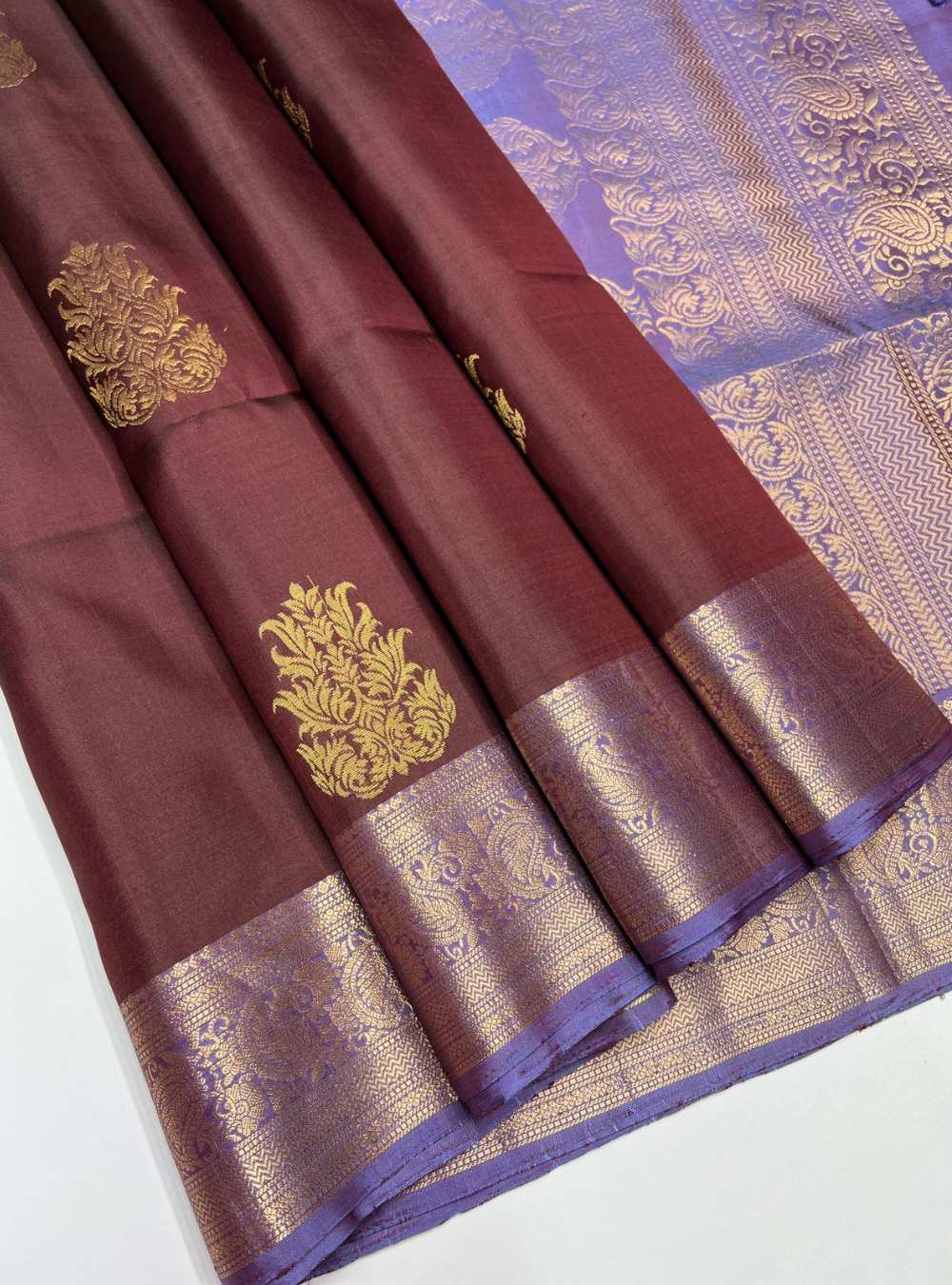 Brown and Ash Blue Soft Silk Saree with jacquard border and gold zari motifs, handwoven mulberry silk, festive wear.