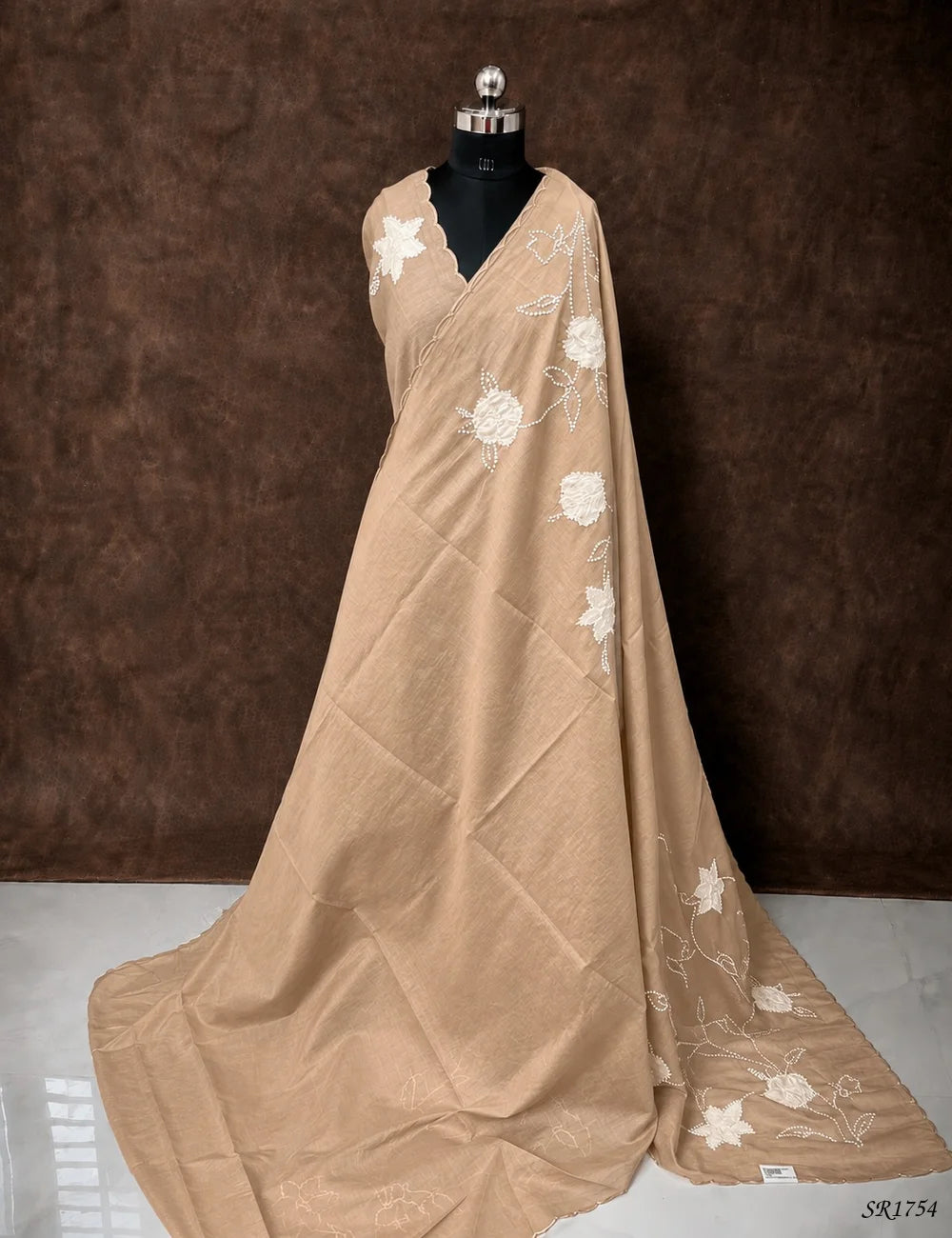 Chocolate - Chanderi Saree with Thread Work Front View