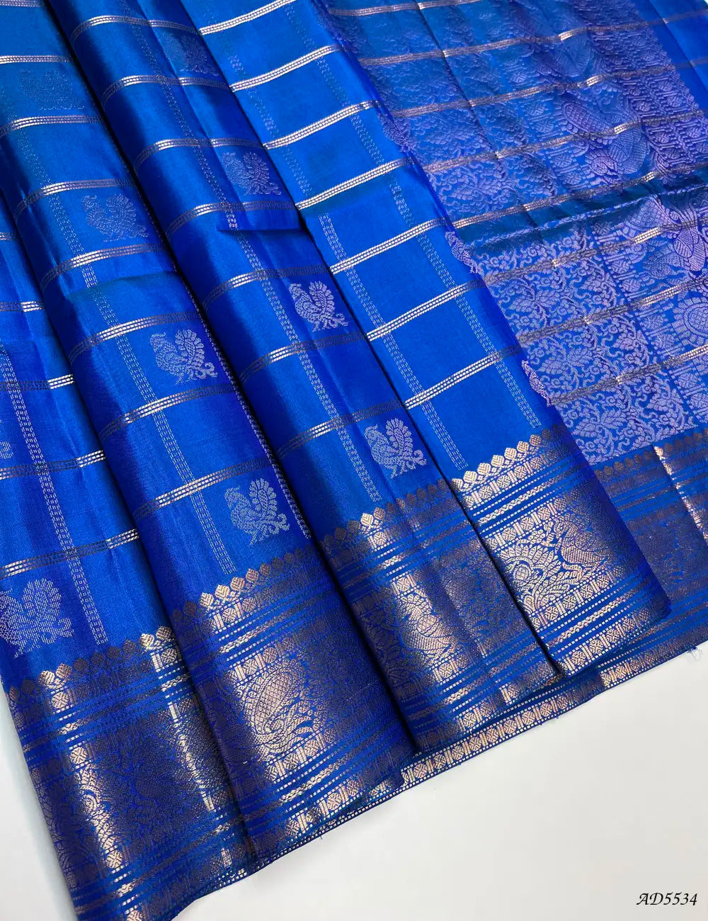 Cobalt Blue - Checks X Kanchi Border Soft Silk Saree Front View