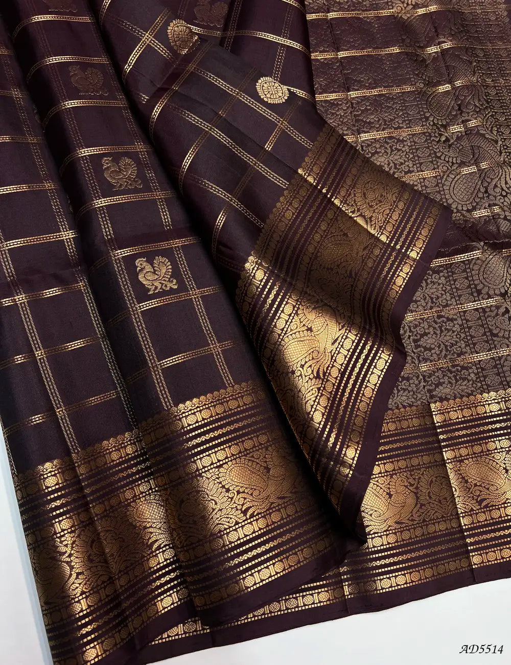 Coffee Brown - Checkerd Kanchi Border Soft Silk Saree Front View