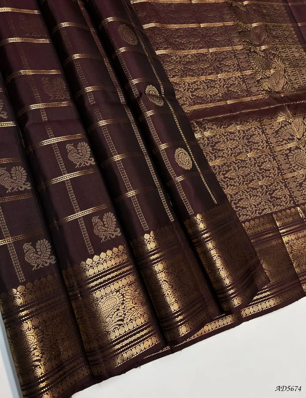 Coffee Brown - Checkerd X Kanchi Border Soft Silk Saree Front View