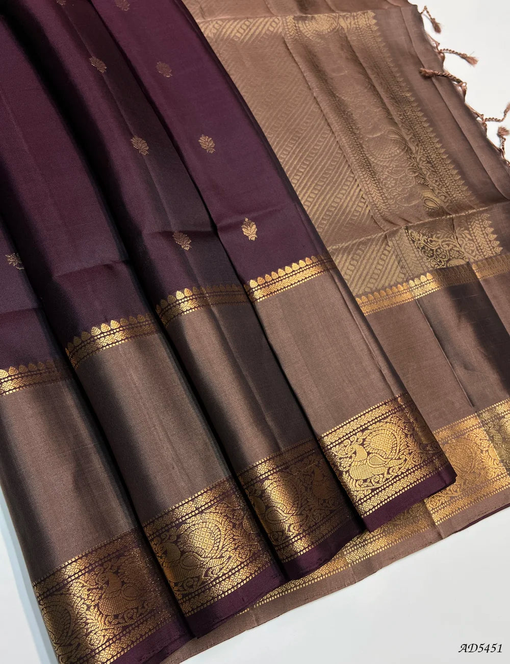 Coffee Brown & Coco - Retta Pett Kanchi Border Soft Silk Saree Front View