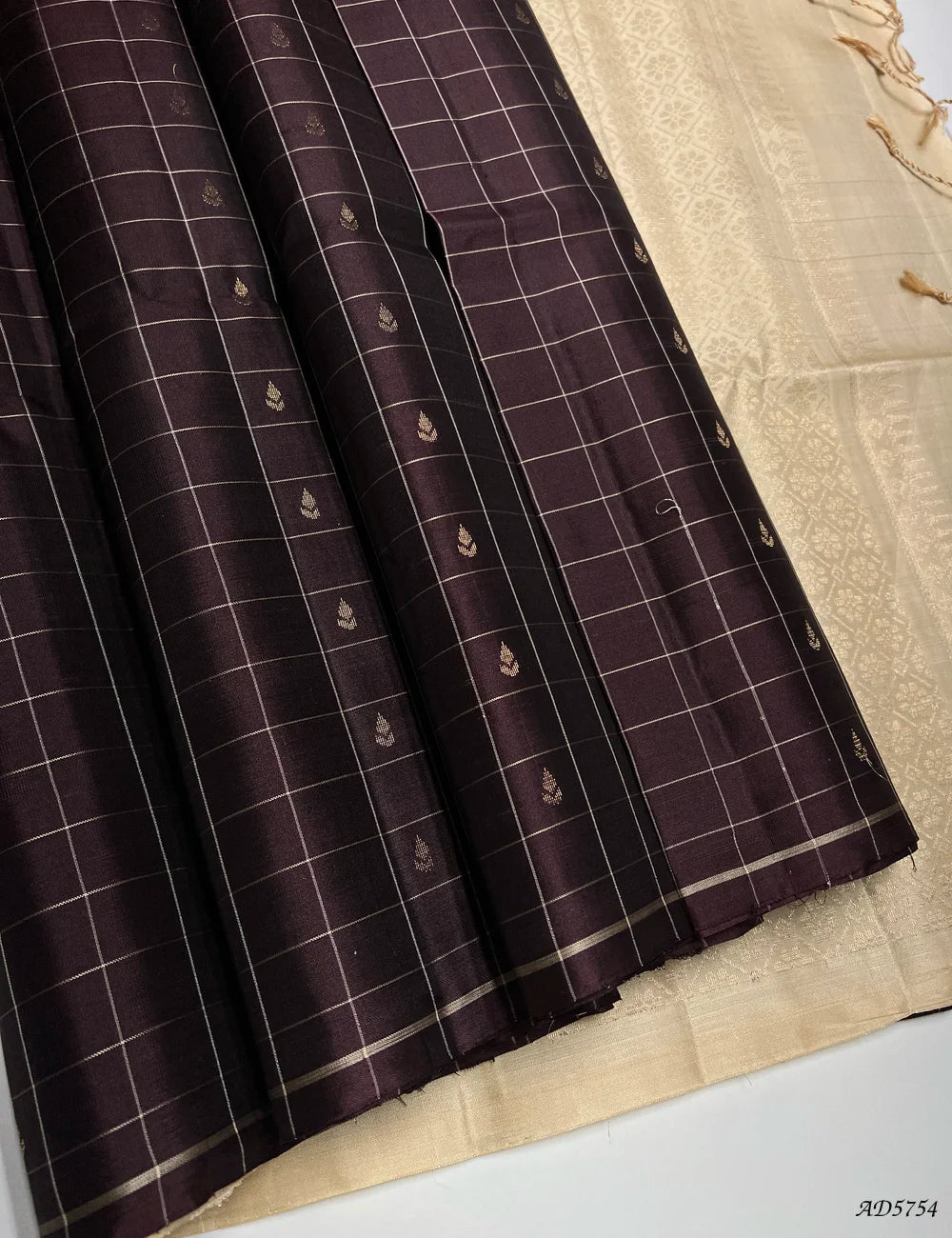 Coffee Brown & Cream - Checkerd Soft Silk Saree Front View