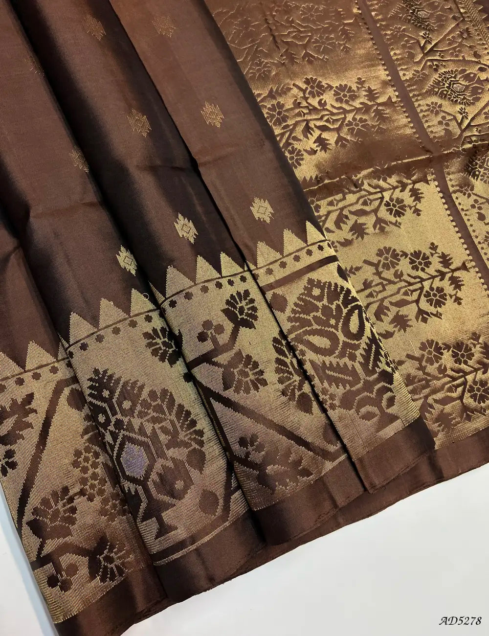Coffee Brown - OneSide Fancy Border Soft Silk Saree Front View