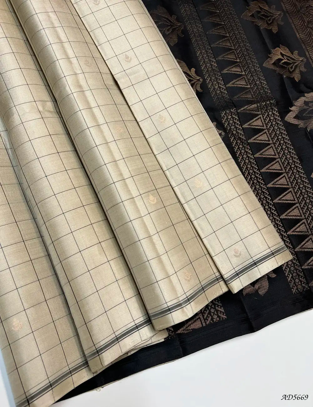 Coffee Cream & Black - Checkerd Soft Silk Saree Front View