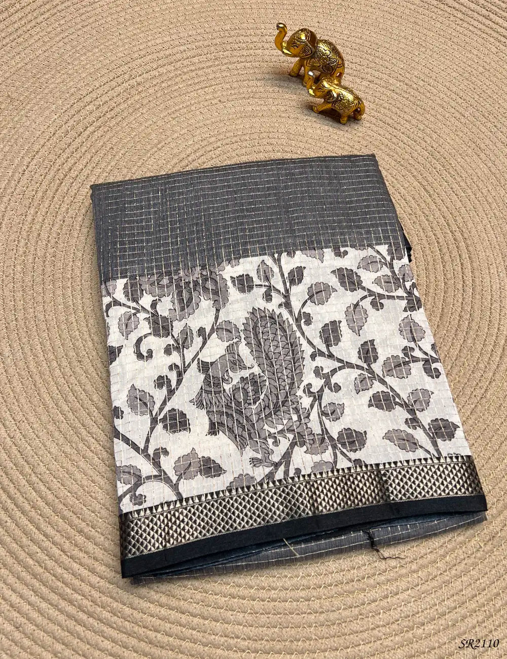 Cream & Bkack - Assam Silk Saree Front View
