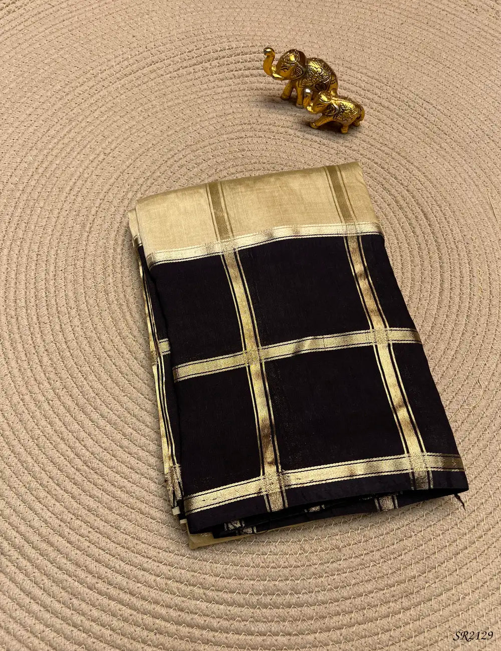 Cream & Black - Assam Silk Saree Front View