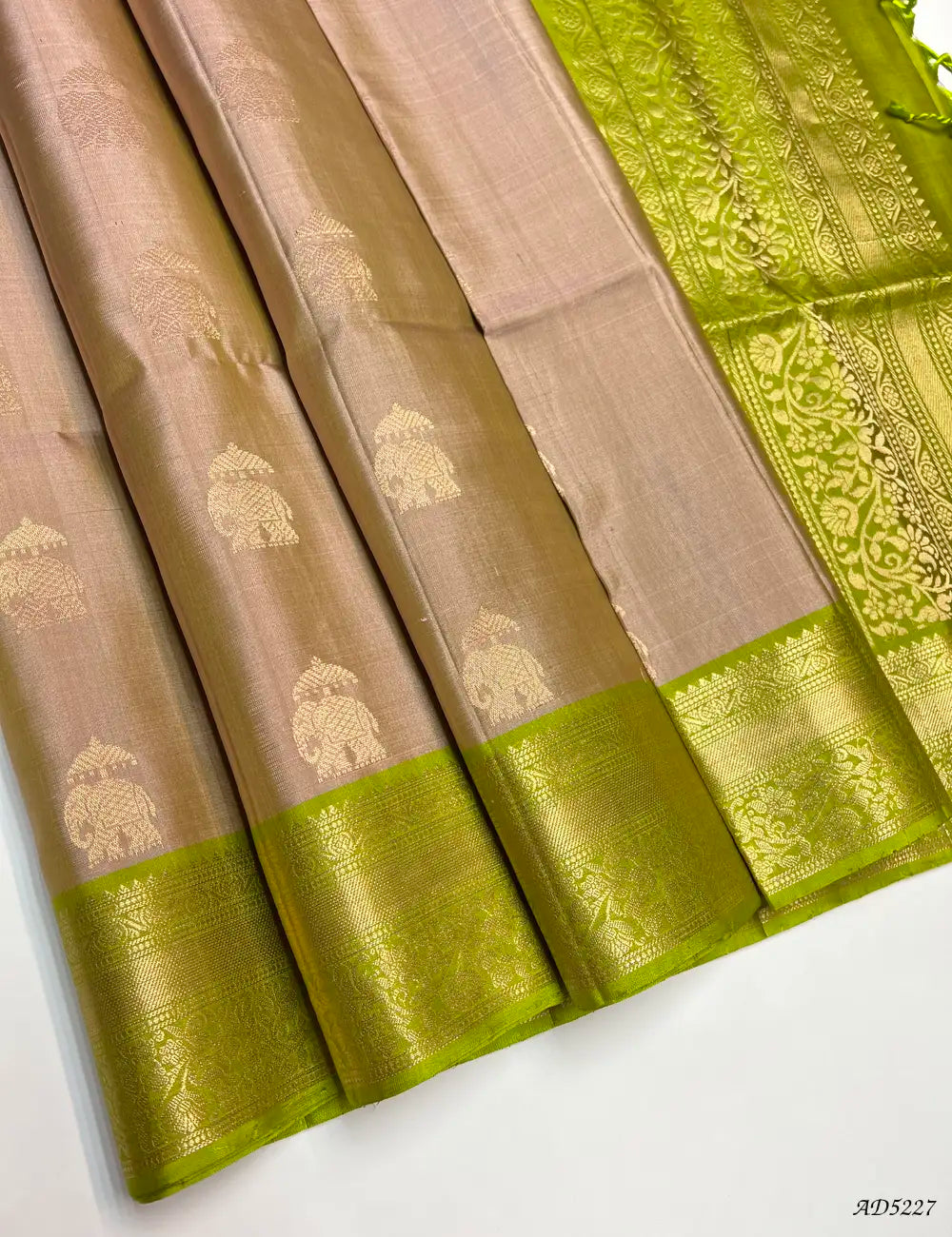 Cream & Parrot Green - Kanchi Border Soft Silk Saree Front View