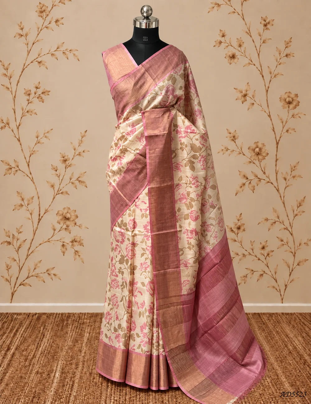Cream & Pink - Pure Desi Tussar Saree Pallu View