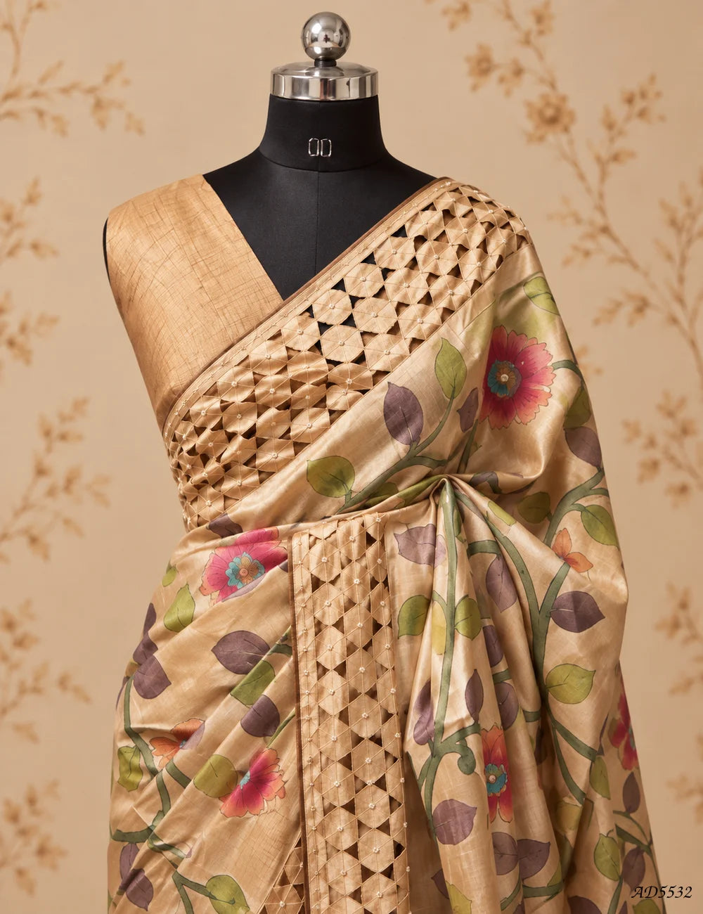 Cream - Pure Tussar With Fancy Cutwork Saree -
