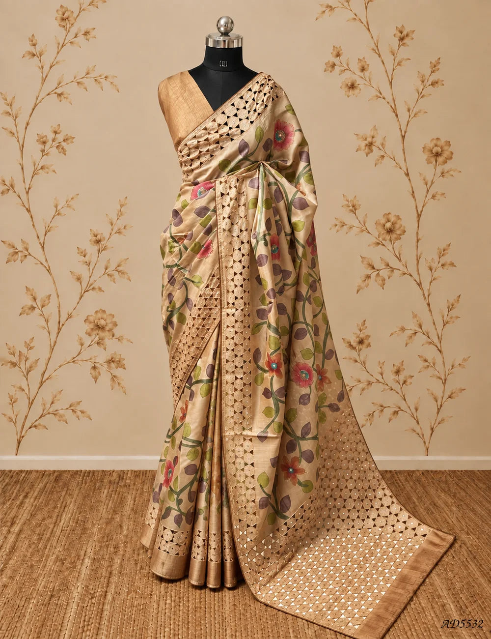 Cream - Pure Tussar With Fancy Cutwork Saree -