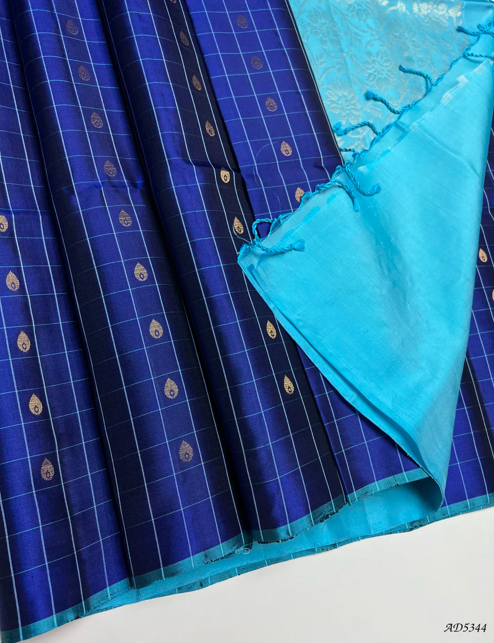 Dark Blue & Ice Blue - Checkered Soft Silk Saree Pallu View