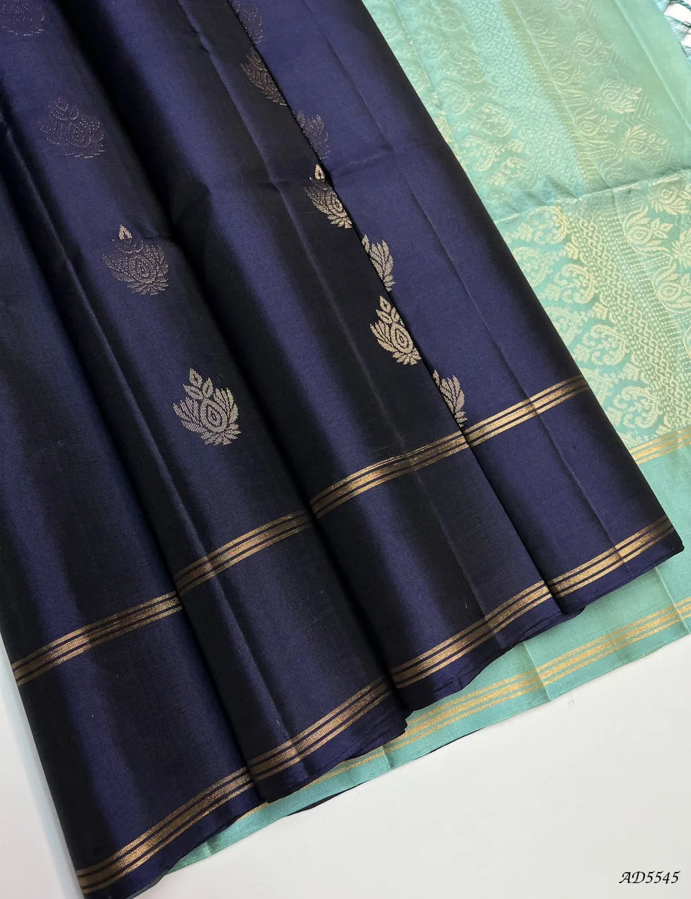 Dark Ink Blue & Mint Green - Soft Silk Saree Front View