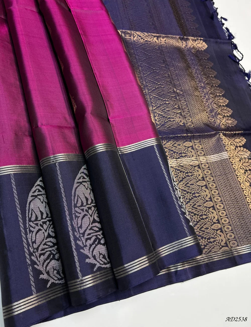 Dark Magenta & Navy - Soft Silk Saree Front View