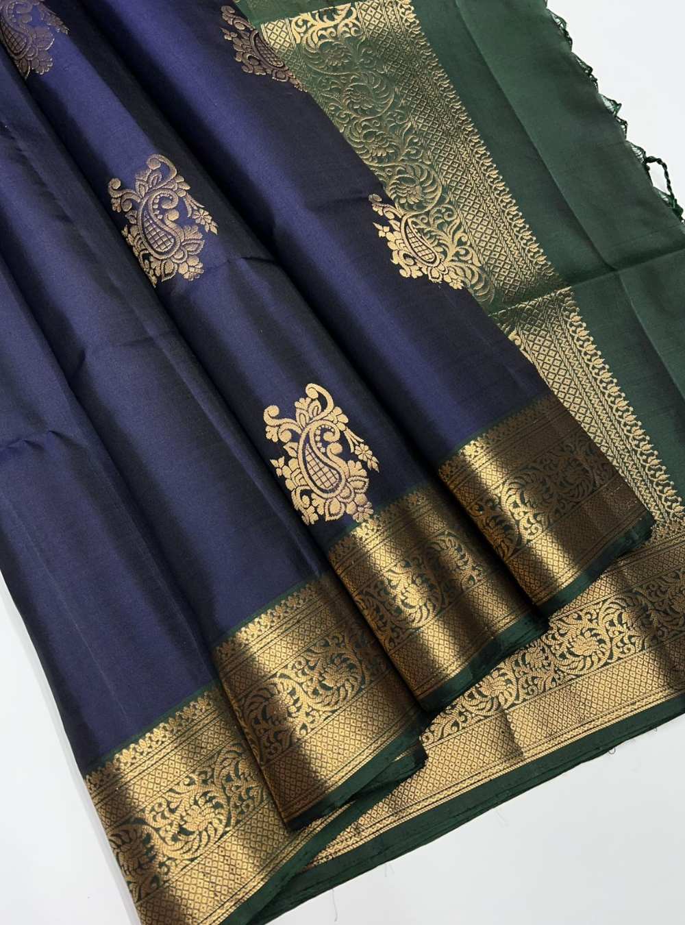 Dark Navy and Dark Green Soft Silk Saree with jacquard border and gold zari motifs, handwoven mulberry silk, festive wear.