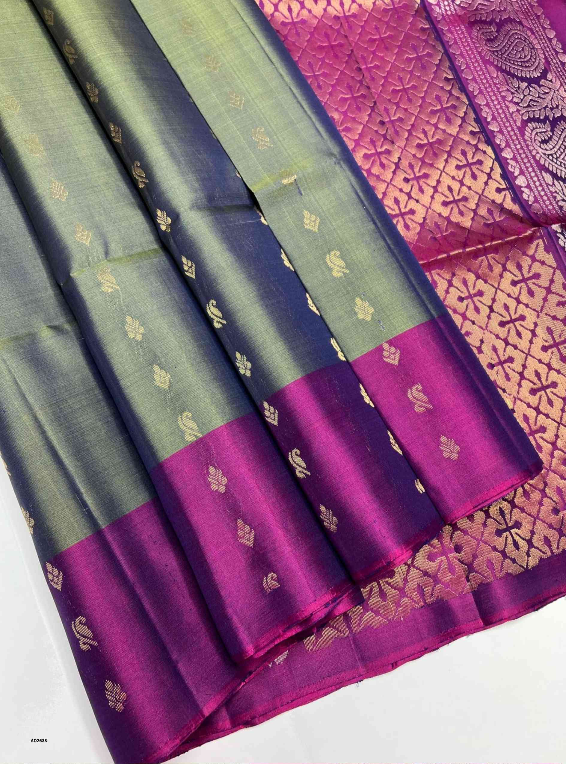 Dark Olive Green and Raspberry Fancy Checkered Soft Silk Saree with gold zari checks.
