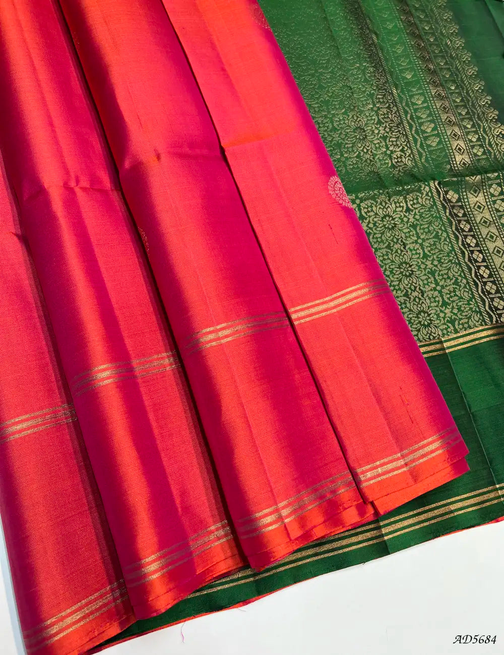 Dual Tone Orange & Green - Soft Silk Saree Front View