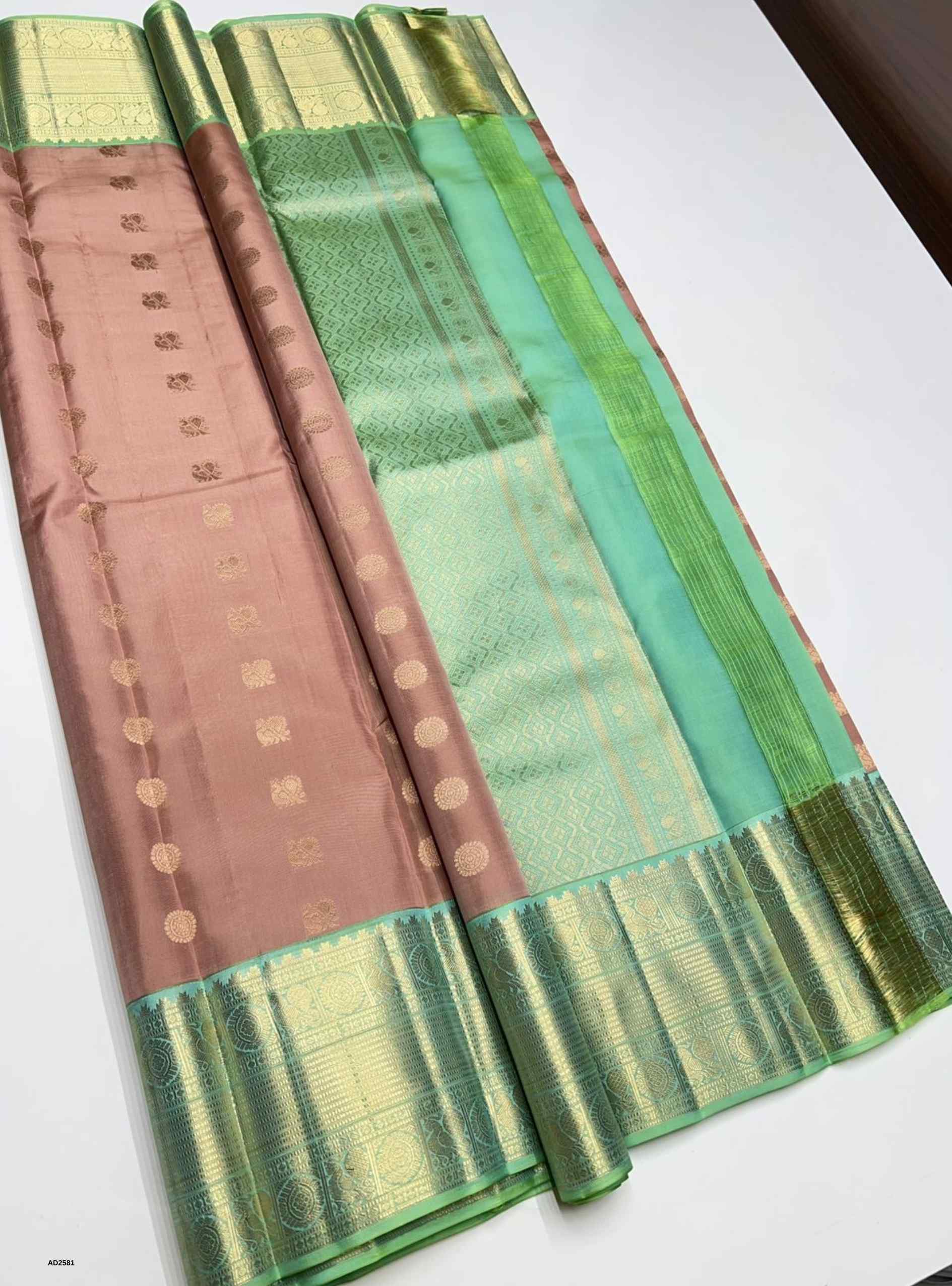 Dusty Peach & Green - Soft Silk Saree