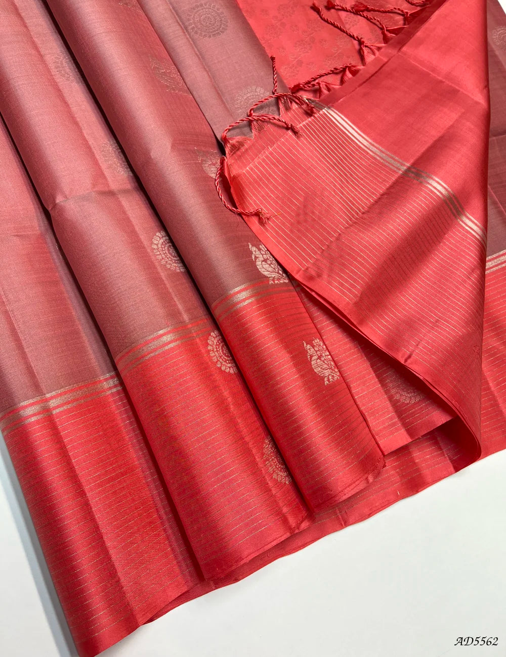 Dusty Pink & Coral Pink - Soft Silk Saree Pallu View