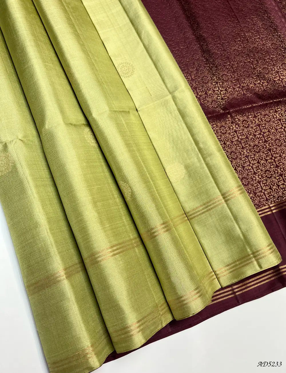 Ellachi Green & Coffee Brown - Soft Silk Saree Front View