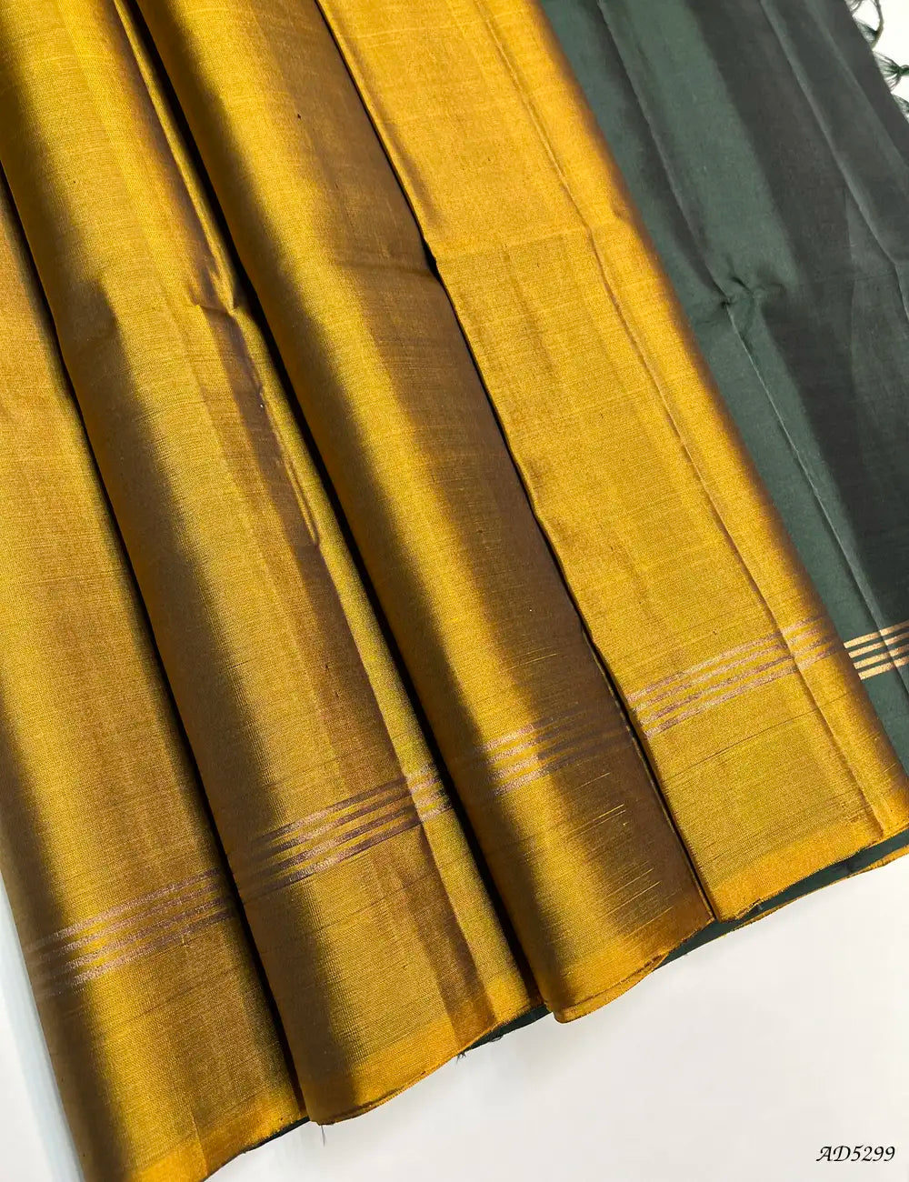 Fenugreek & Dark Green - Contrast Plain Soft Silk Saree Front View