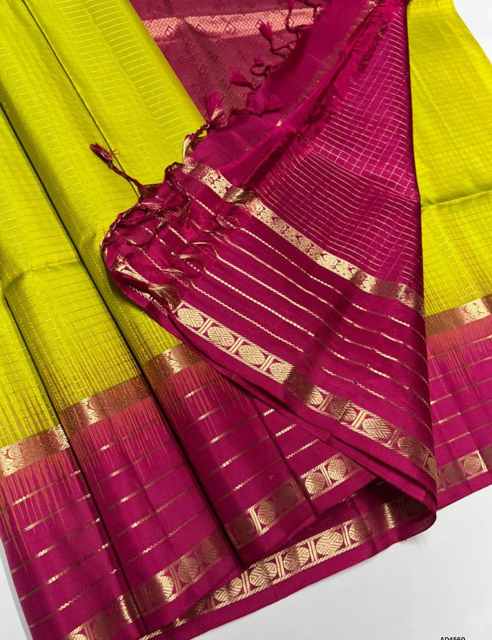 Lime Green & Rani Pink - Checkerd Retta Pet Border Saree