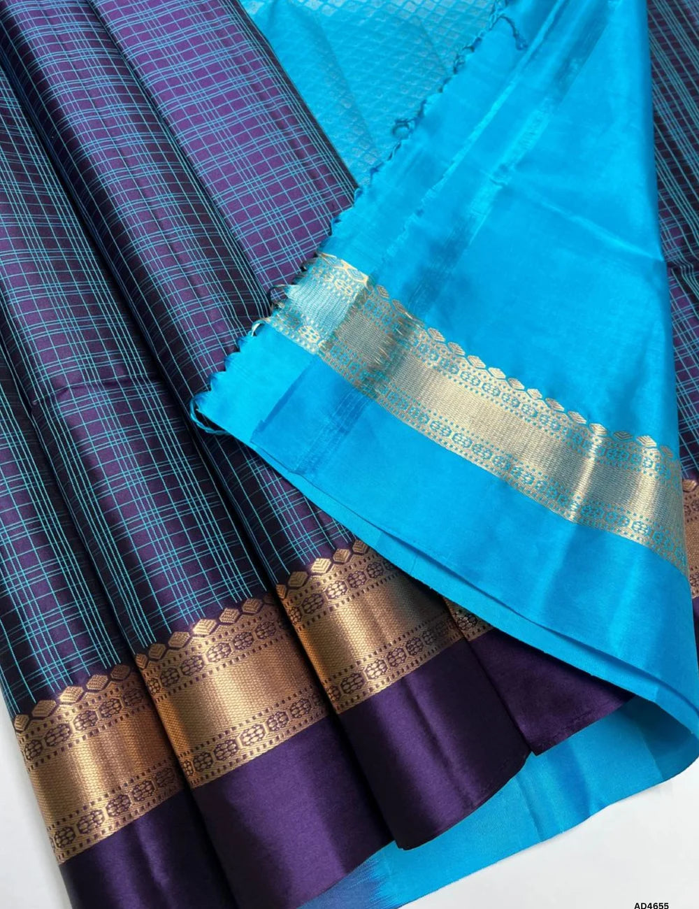 Ink Blue & Ice Blue - Checkerd Kanchi Border Soft Silk Saree