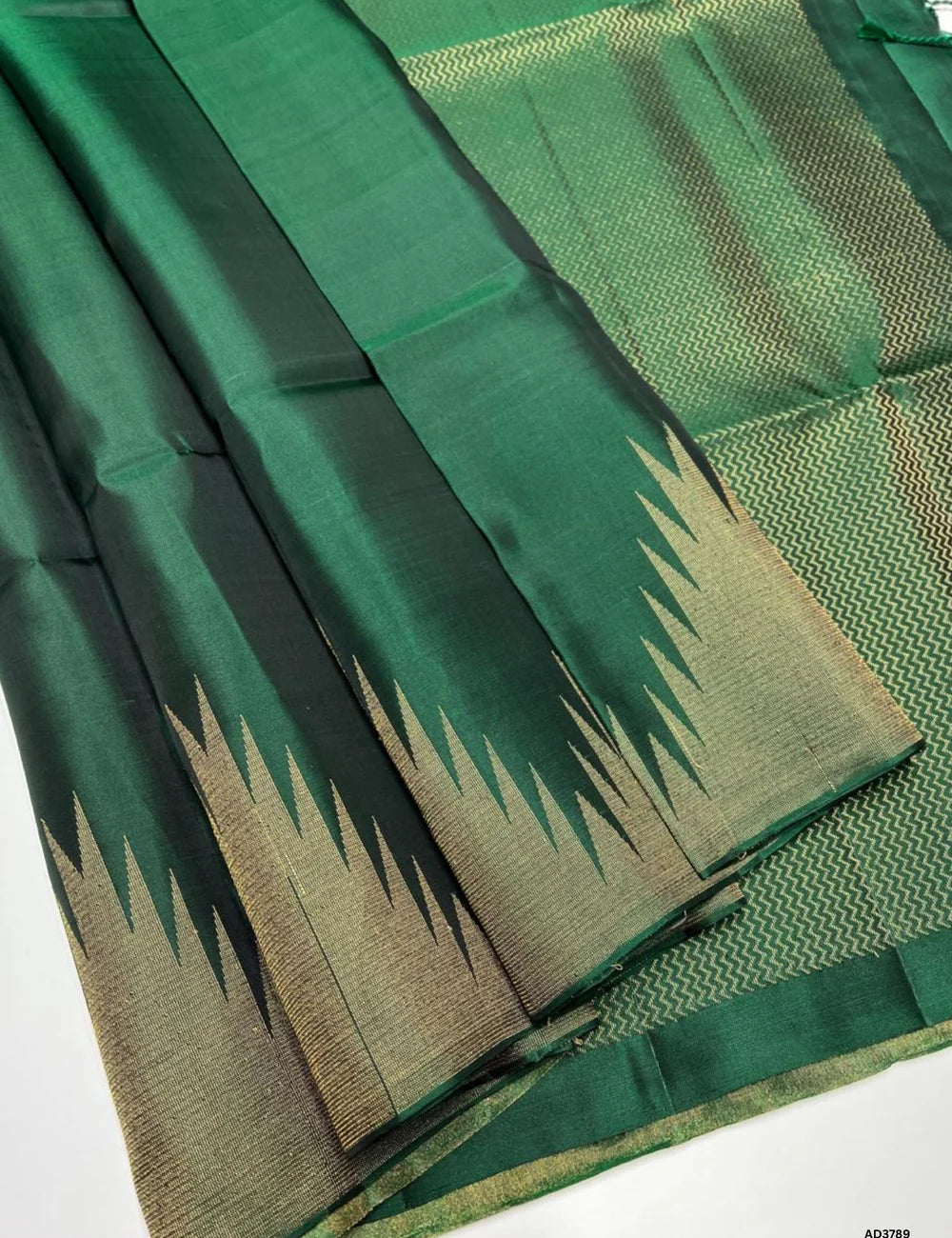 Dark Green - Temple Border Soft Silk Saree