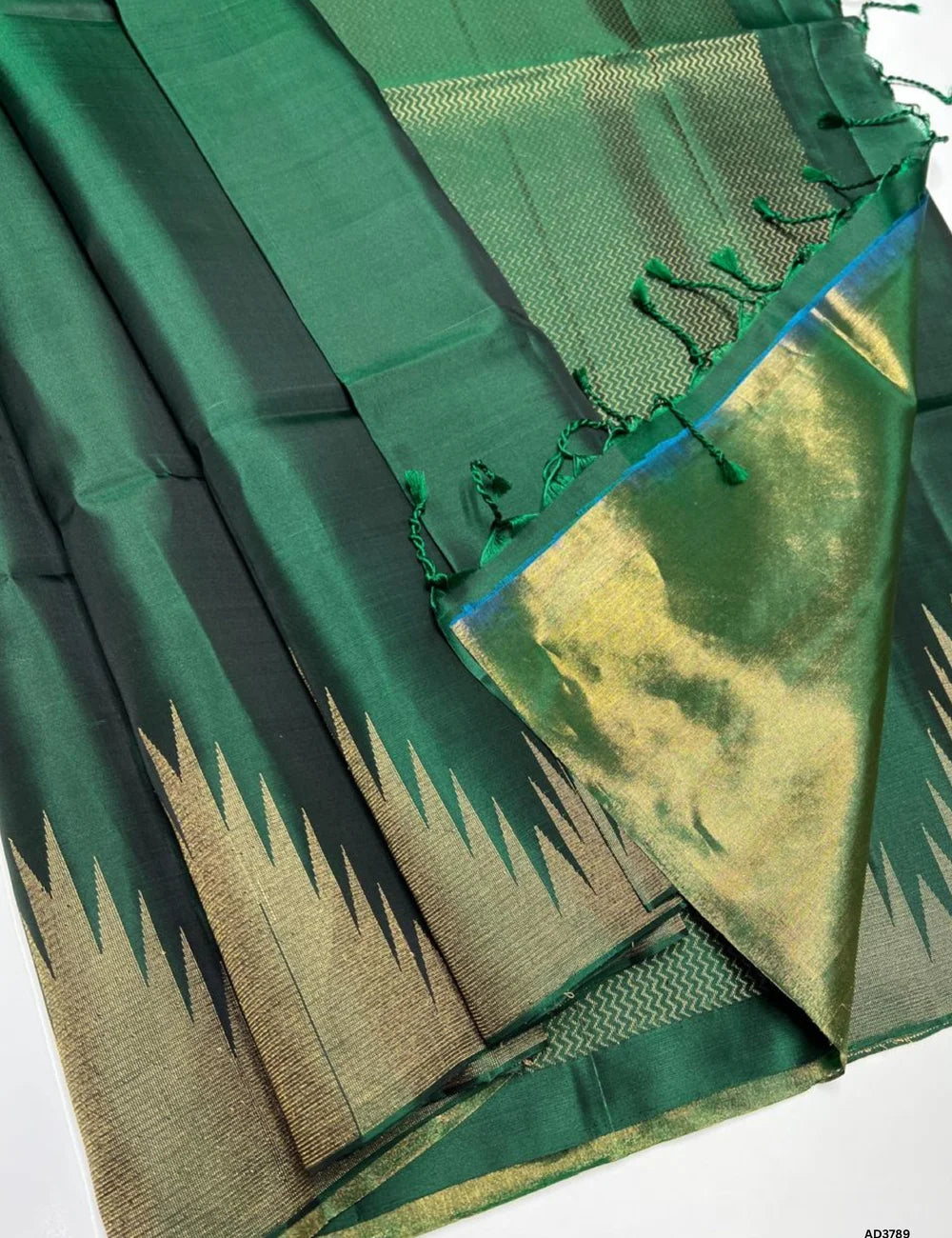 Dark Green - Temple Border Soft Silk Saree
