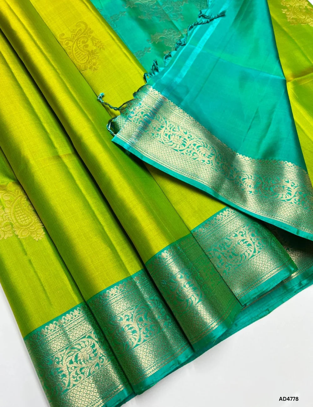 Parrot Green & Aqua Blue - Kanchi Border Soft Silk Saree