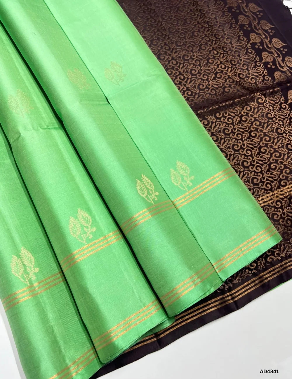 Mint Green & Coffee Brown - Soft Silk Saree