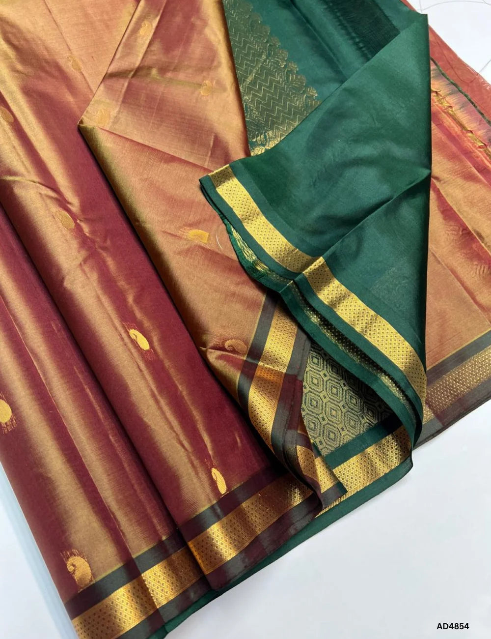 Dual Tone Brown & Green - Kanchi Border Soft Silk Saree