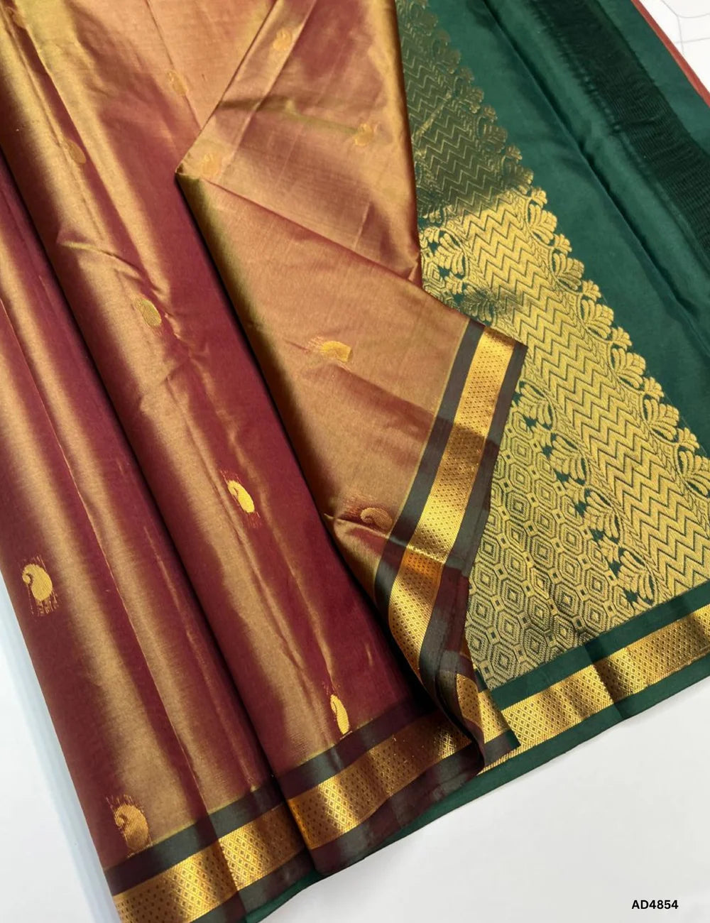 Dual Tone Brown & Green - Kanchi Border Soft Silk Saree