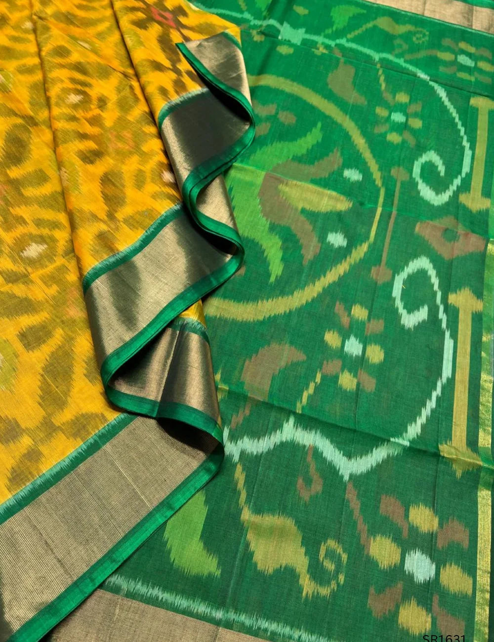 Yellow, & Green - Ikkat Kora Cotton Saree