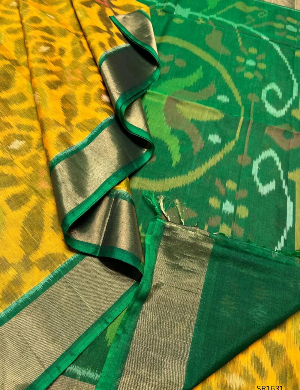 Yellow, & Green - Ikkat Kora Cotton Saree